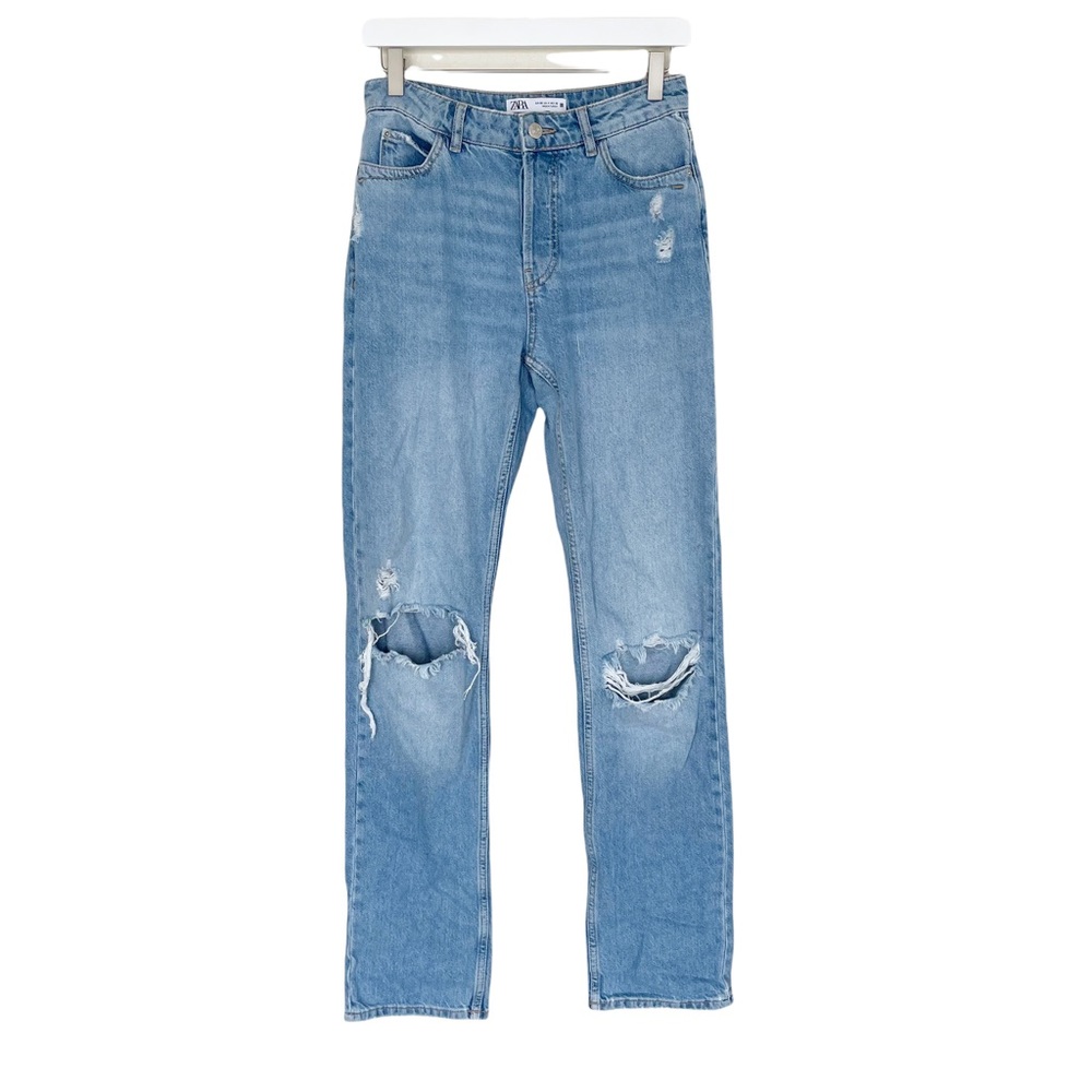 Zara Straight Leg Jeans High Rise Distressed Button Fly Denim Blue